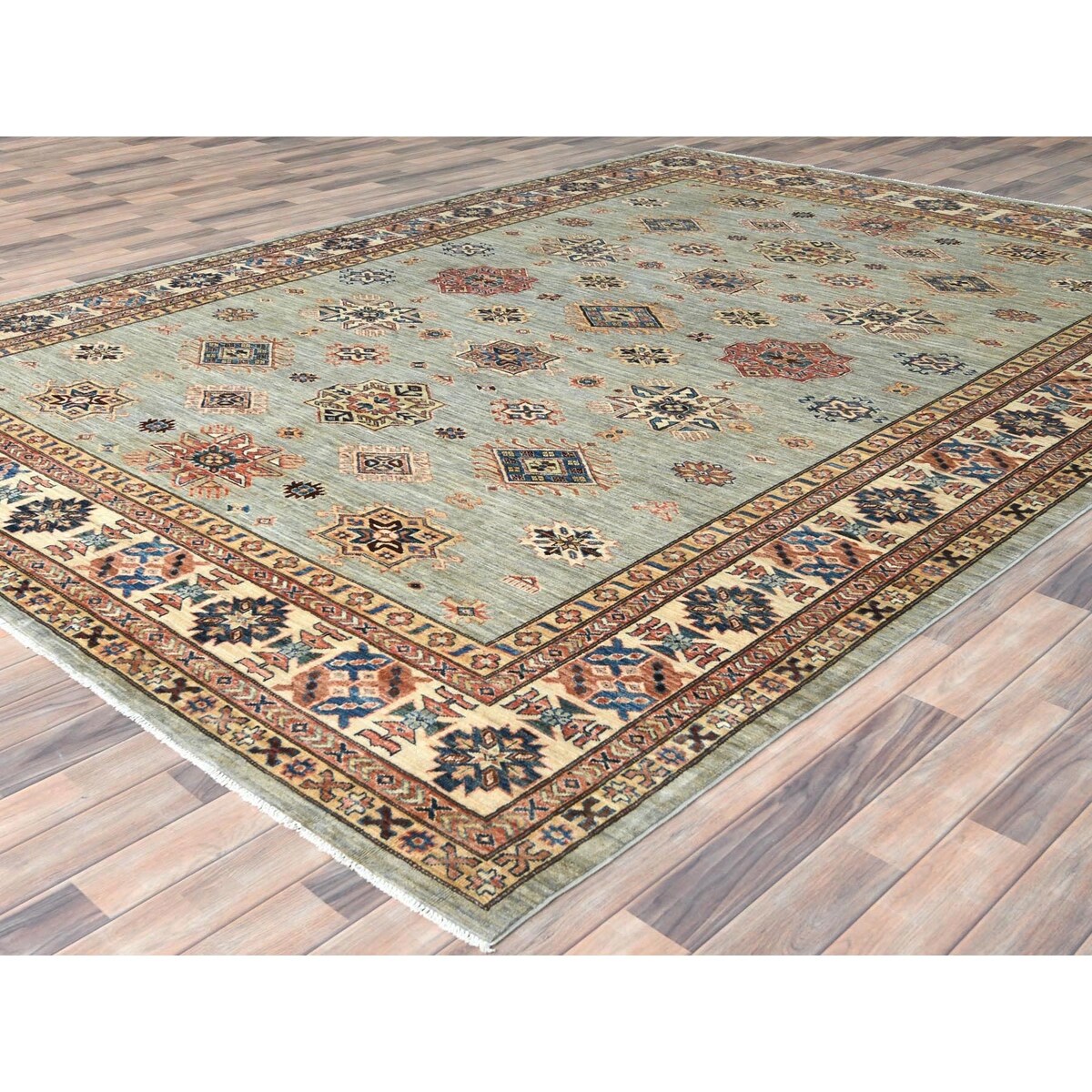 Shahbanu Rugs Light Gray Hand Knotted Afghan Super Kazak Tribal Medallions Natural Dyes Densely Woven Wool Oriental Rug 8'8"x12'