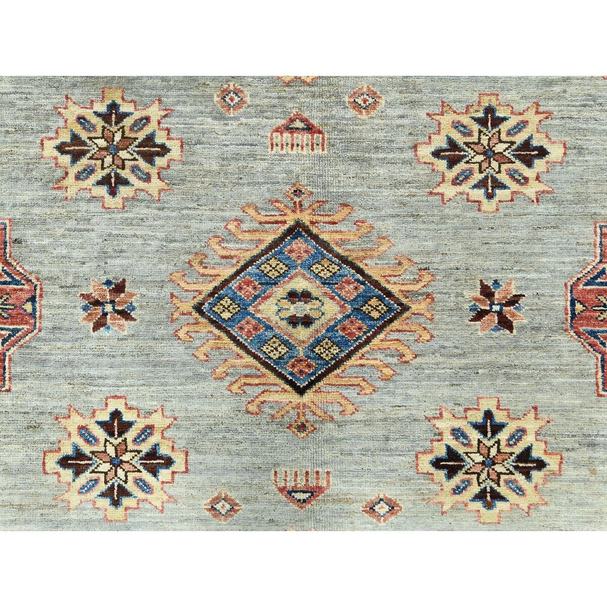 Shahbanu Rugs Light Gray Hand Knotted Afghan Super Kazak Tribal Medallions Natural Dyes Densely Woven Wool Oriental Rug 8'8"x12'