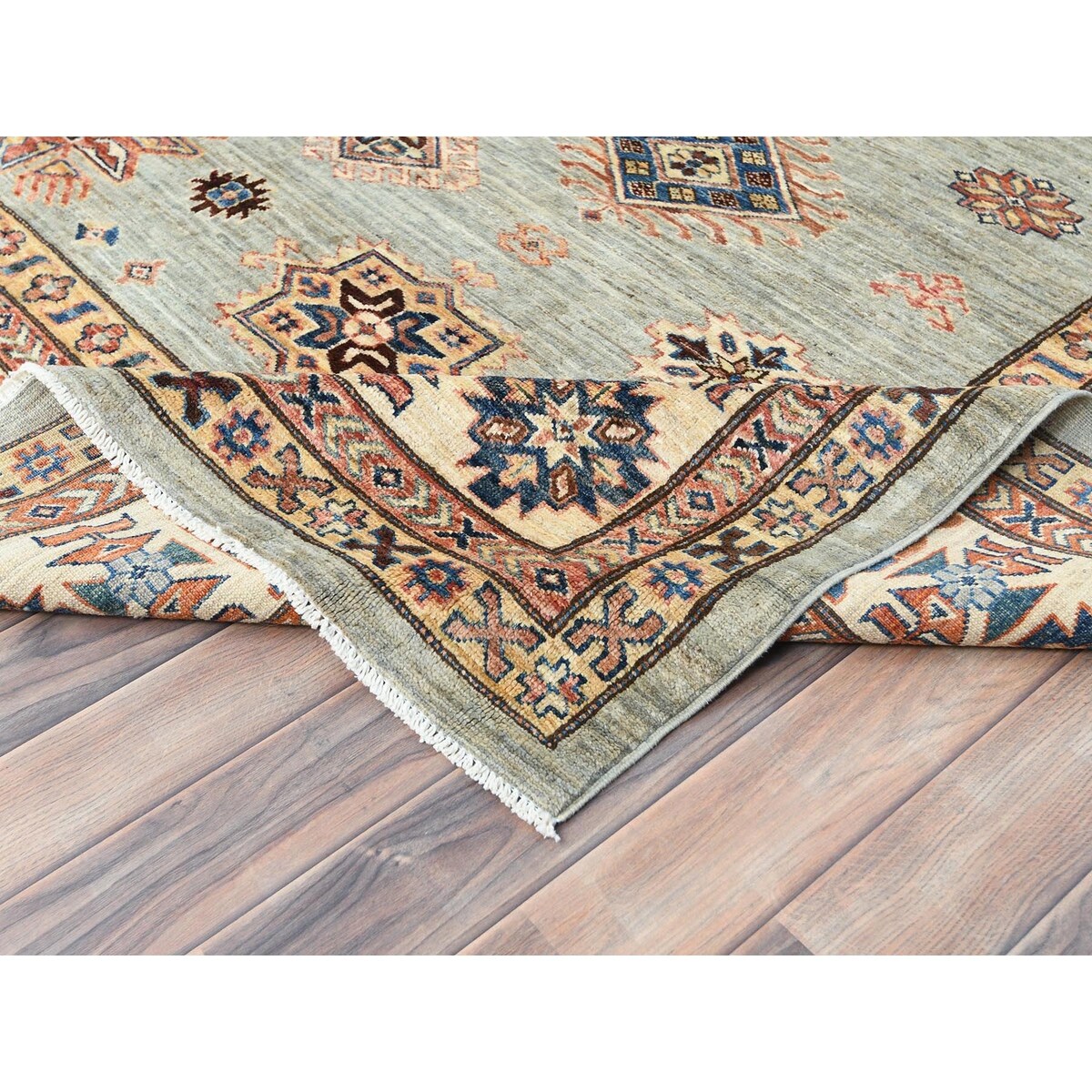 Shahbanu Rugs Light Gray Hand Knotted Afghan Super Kazak Tribal Medallions Natural Dyes Densely Woven Wool Oriental Rug 8'8"x12'