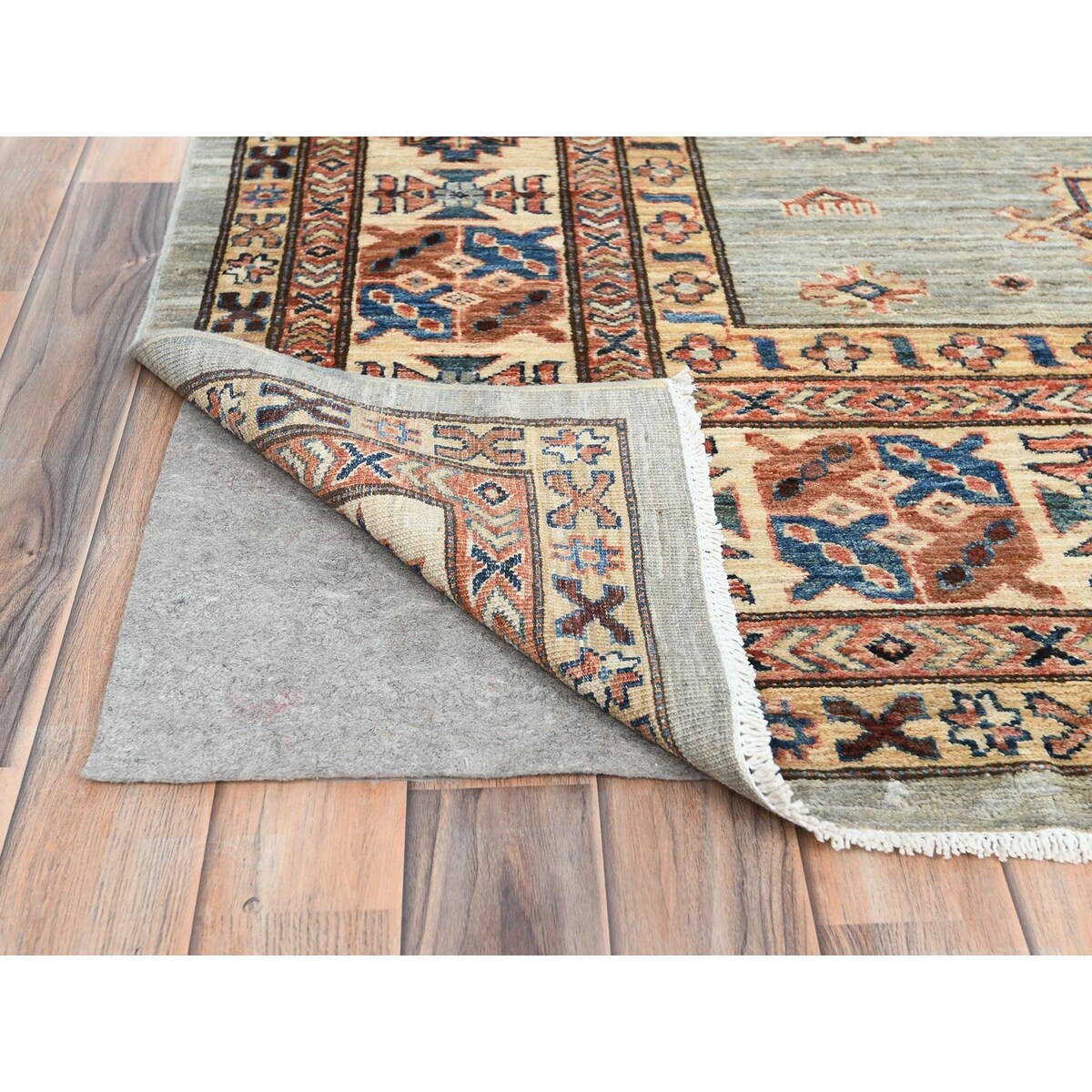 Shahbanu Rugs Light Gray Hand Knotted Afghan Super Kazak Tribal Medallions Natural Dyes Densely Woven Wool Oriental Rug 8'8"x12'