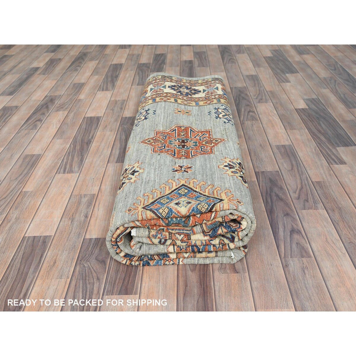 Shahbanu Rugs Light Gray Hand Knotted Afghan Super Kazak Tribal Medallions Natural Dyes Densely Woven Wool Oriental Rug 8'8"x12'