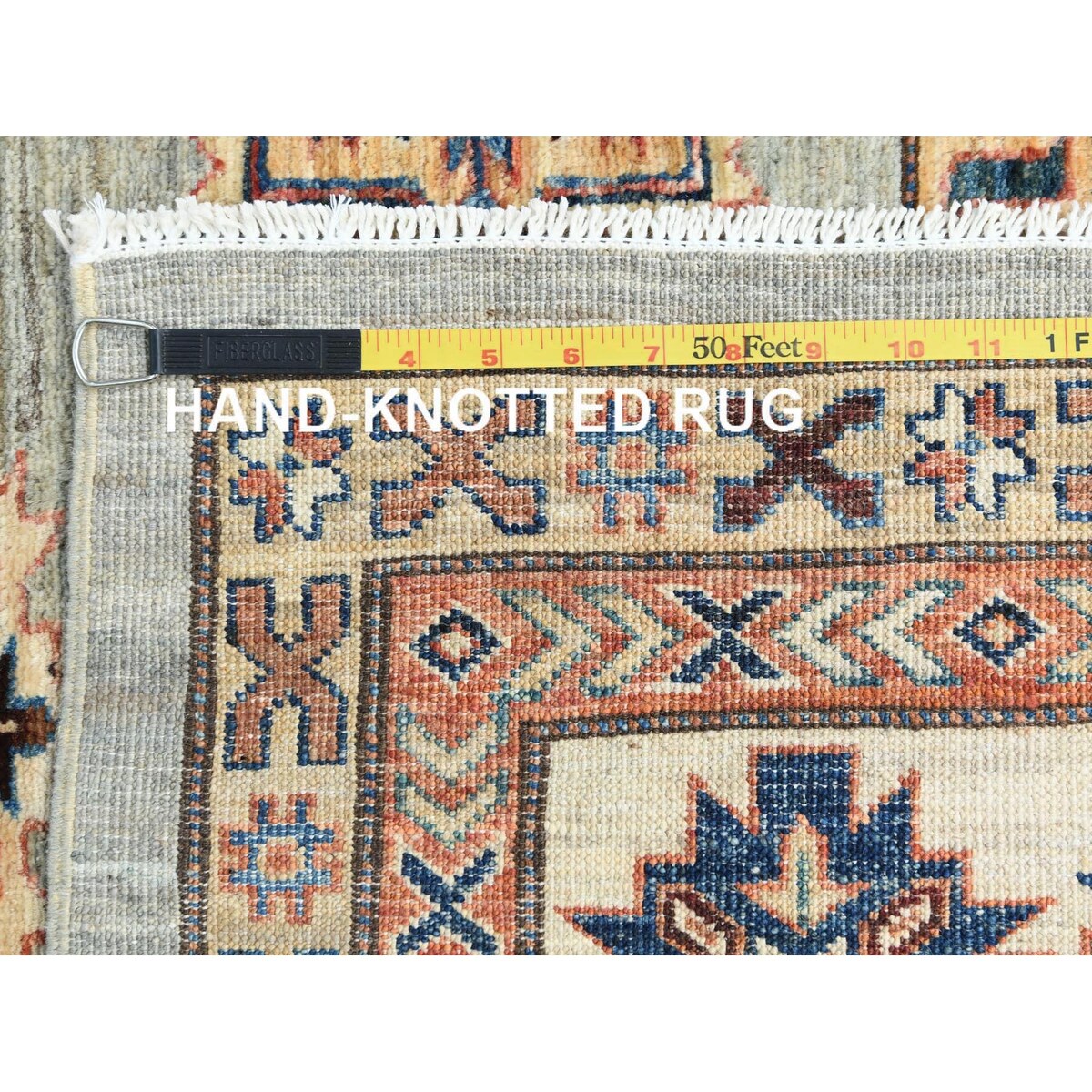 Shahbanu Rugs Light Gray Hand Knotted Afghan Super Kazak Tribal Medallions Natural Dyes Densely Woven Wool Oriental Rug 8'8"x12'