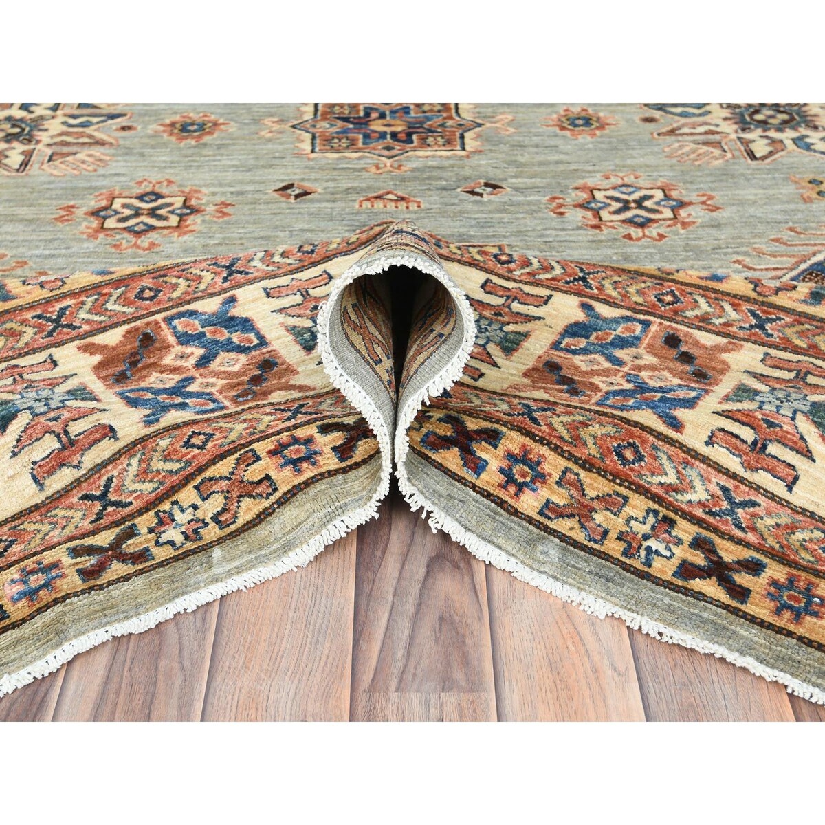 Shahbanu Rugs Light Gray Hand Knotted Afghan Super Kazak Tribal Medallions Natural Dyes Densely Woven Wool Oriental Rug 8'8"x12'