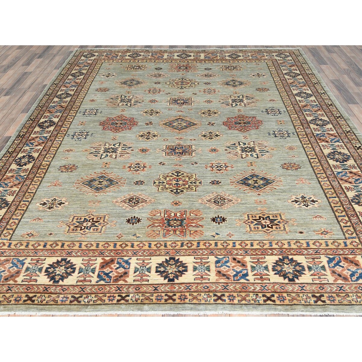 Shahbanu Rugs Light Gray Hand Knotted Afghan Super Kazak Tribal Medallions Natural Dyes Densely Woven Wool Oriental Rug 8'8"x12'