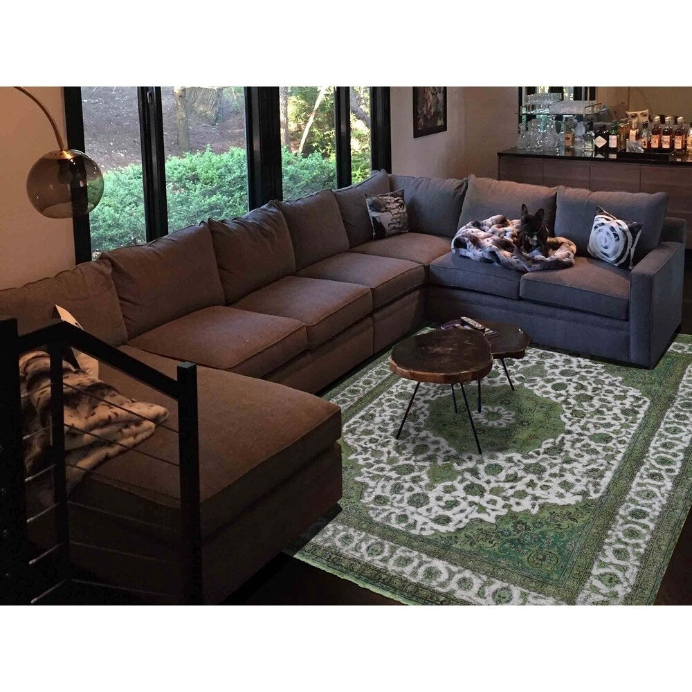 Shahbanu Rugs Light Green OverdyedHi-low Vintage Hand-Knotted Rug (9'7" x 12'5") - 9'7" x 12'5"