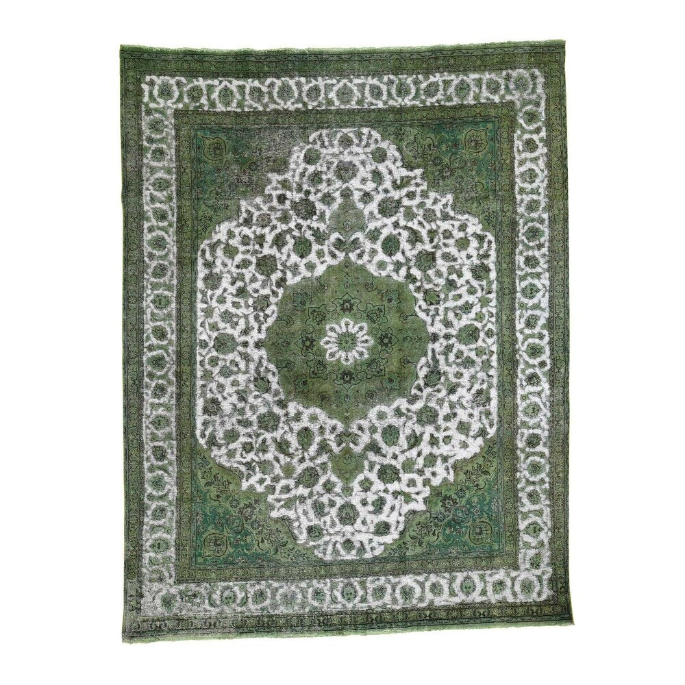 Shahbanu Rugs Light Green OverdyedHi-low Vintage Hand-Knotted Rug (9'7" x 12'5") - 9'7" x 12'5"