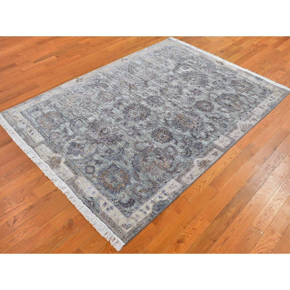 Shahbanu Rugs Light Green Pure Silk With Textured Wool Mughal Design Hand Knotted Oriental Rug (8'2" x 10'2") - 8'2" x 10'2"