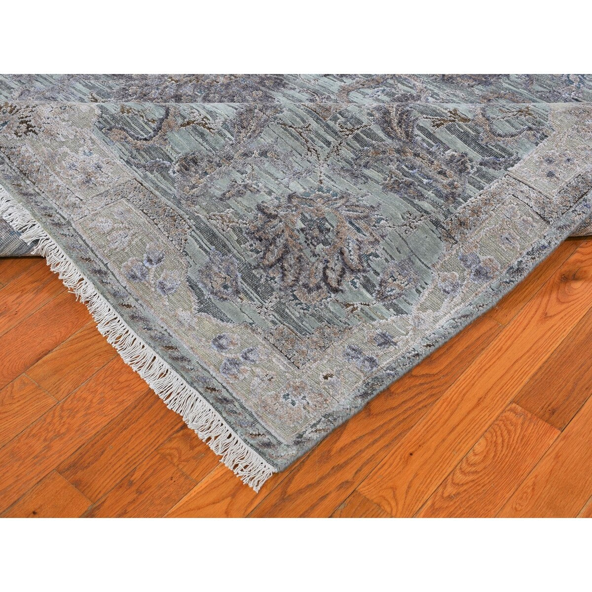 Shahbanu Rugs Light Green Pure Silk With Textured Wool Mughal Design Hand Knotted Oriental Rug (8'2" x 10'2") - 8'2" x 10'2"