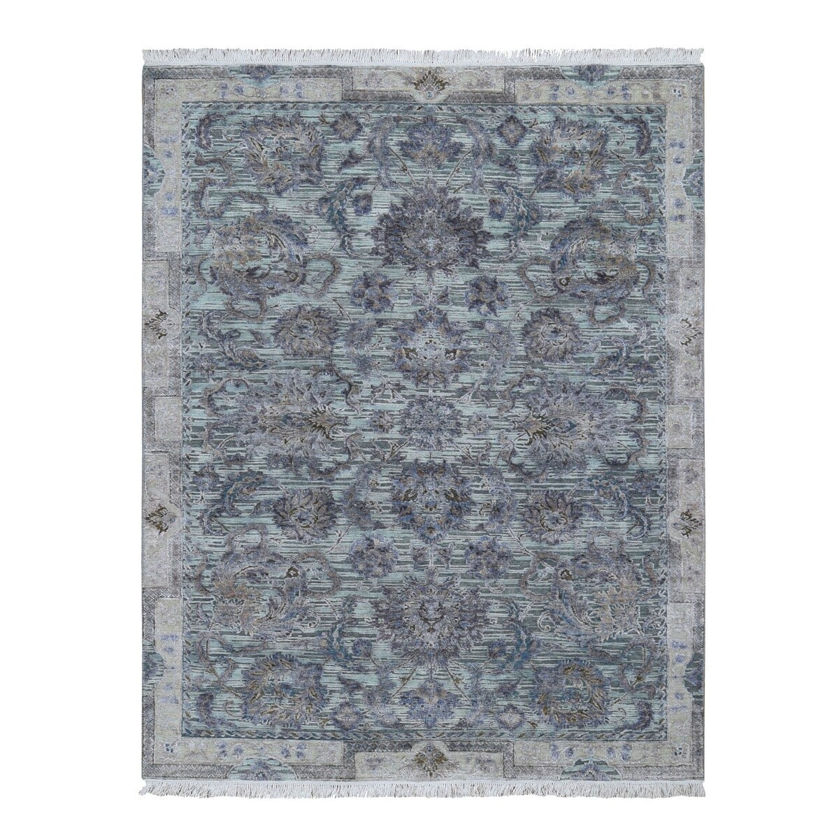 Shahbanu Rugs Light Green Pure Silk With Textured Wool Mughal Design Hand Knotted Oriental Rug (8'2" x 10'2") - 8'2" x 10'2"