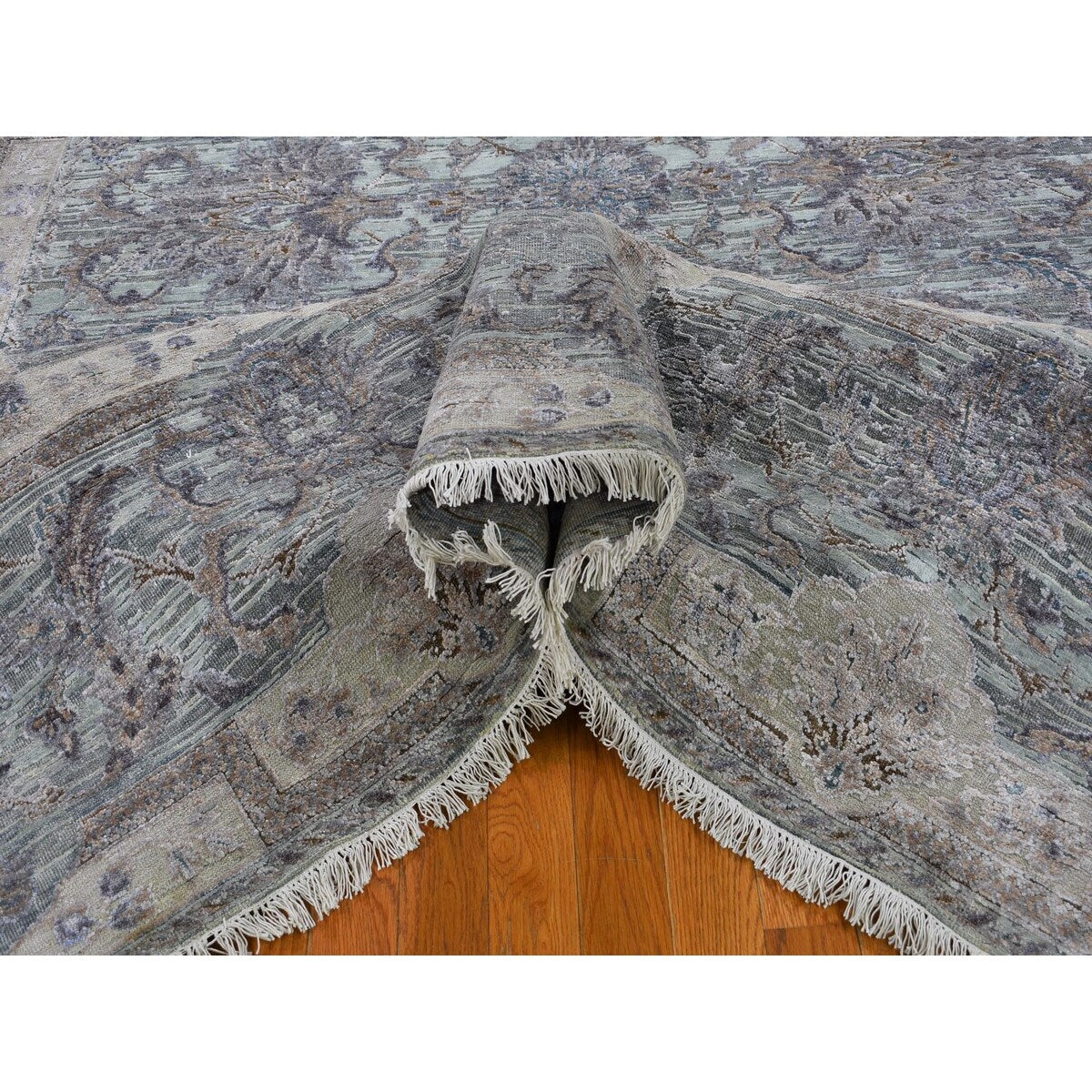 Shahbanu Rugs Light Green Pure Silk With Textured Wool Mughal Design Hand Knotted Oriental Rug (8'2" x 10'2") - 8'2" x 10'2"