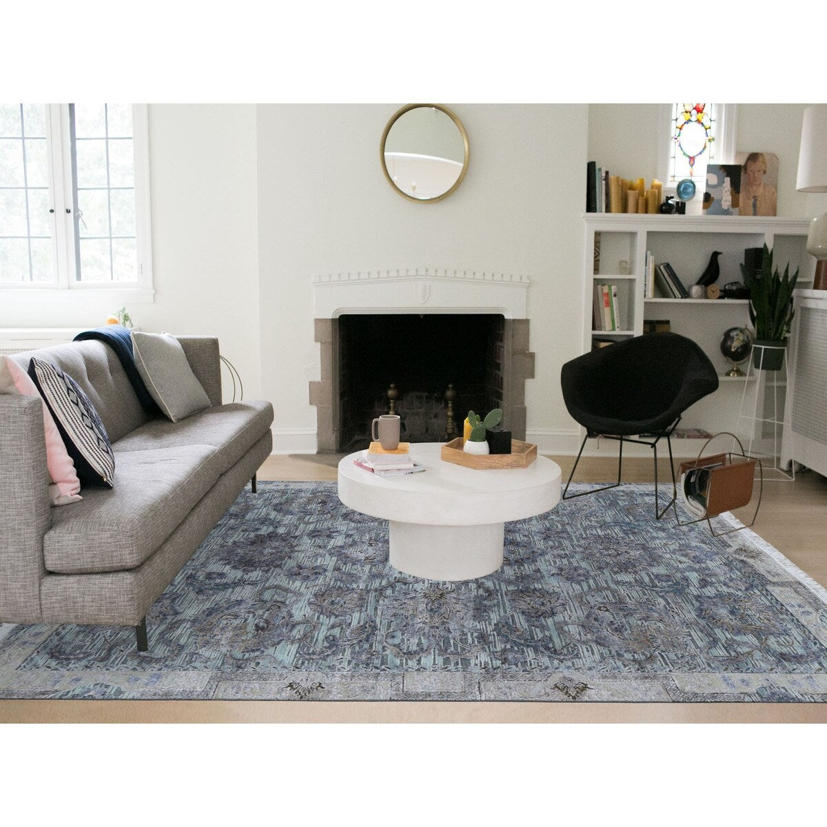 Shahbanu Rugs Light Green Pure Silk With Textured Wool Mughal Design Hand Knotted Oriental Rug (8'2" x 10'2") - 8'2" x 10'2"
