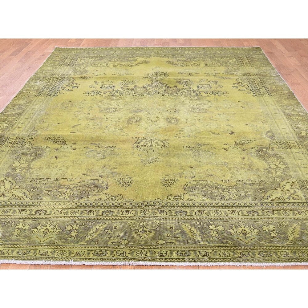 Shahbanu Rugs Light Green Vintage Overdyed Persian Tabriz Hand Knotted Rug (7'1" x 11'0") - 7'1" x 11'0"