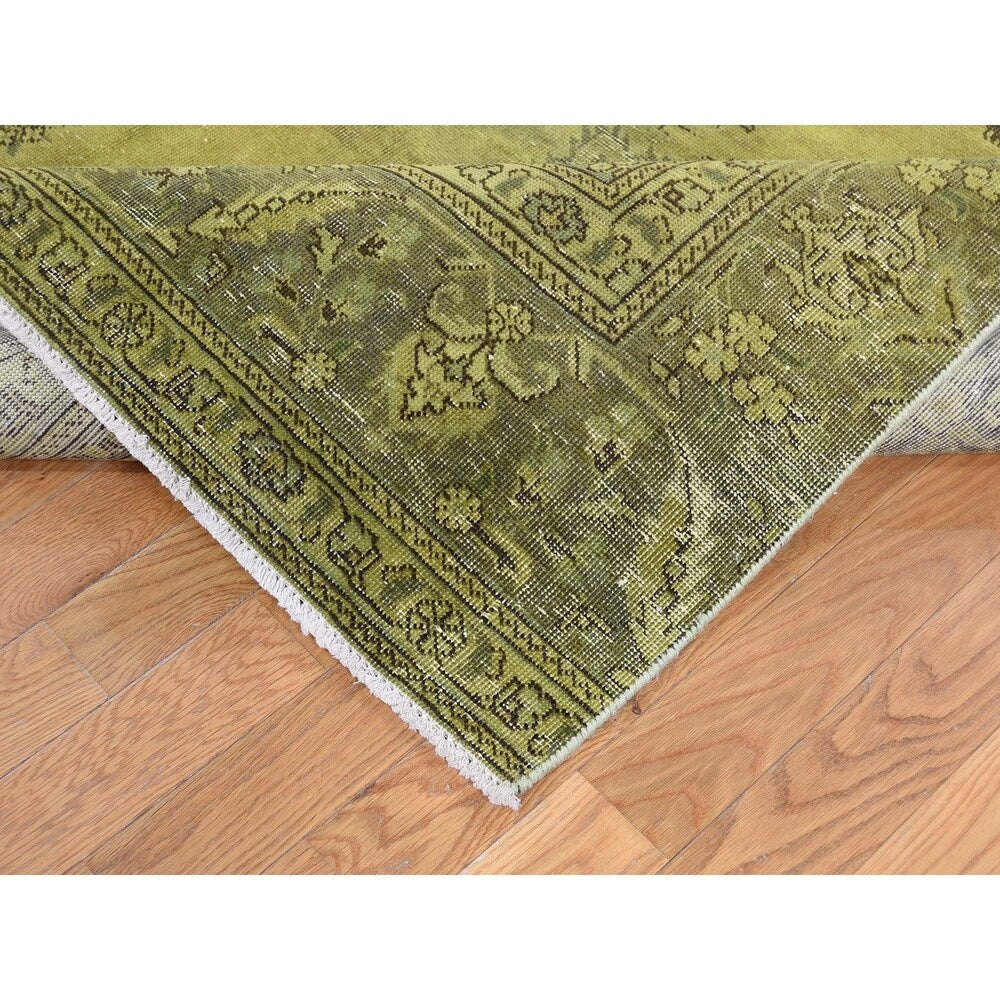 Shahbanu Rugs Light Green Vintage Overdyed Persian Tabriz Hand Knotted Rug (7'1" x 11'0") - 7'1" x 11'0"