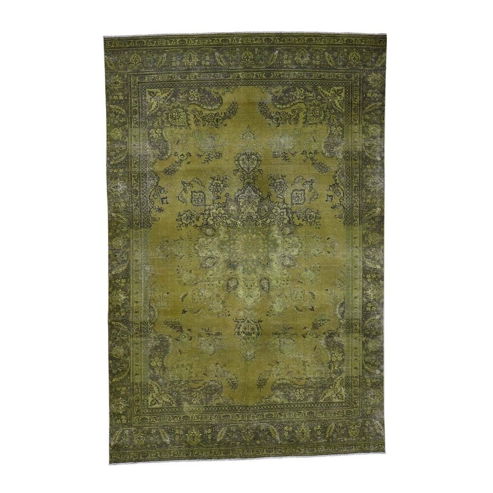 Shahbanu Rugs Light Green Vintage Overdyed Persian Tabriz Hand Knotted Rug (7'1" x 11'0") - 7'1" x 11'0"
