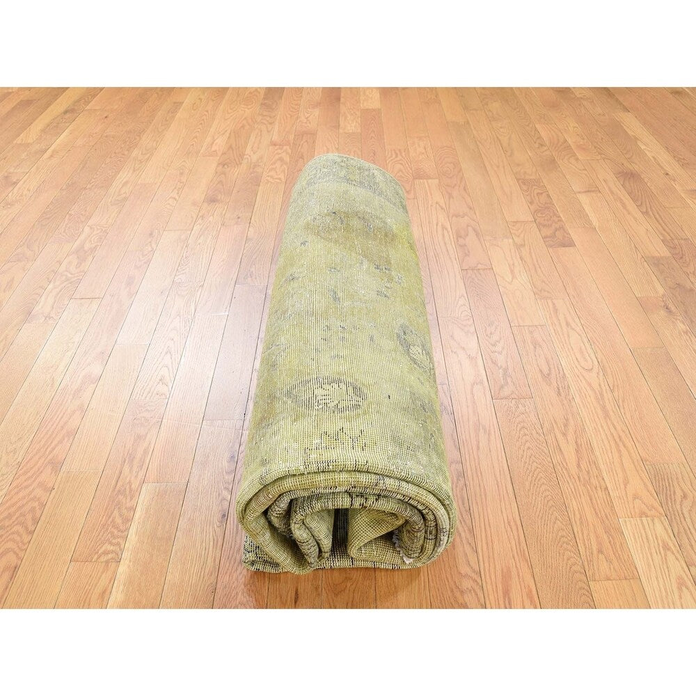 Shahbanu Rugs Light Green Vintage Overdyed Persian Tabriz Hand Knotted Rug (7'1" x 11'0") - 7'1" x 11'0"
