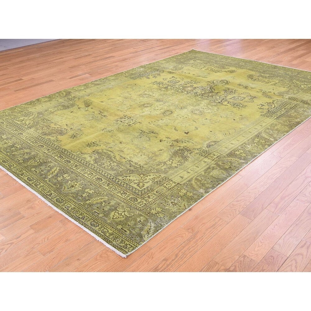 Shahbanu Rugs Light Green Vintage Overdyed Persian Tabriz Hand Knotted Rug (7'1" x 11'0") - 7'1" x 11'0"