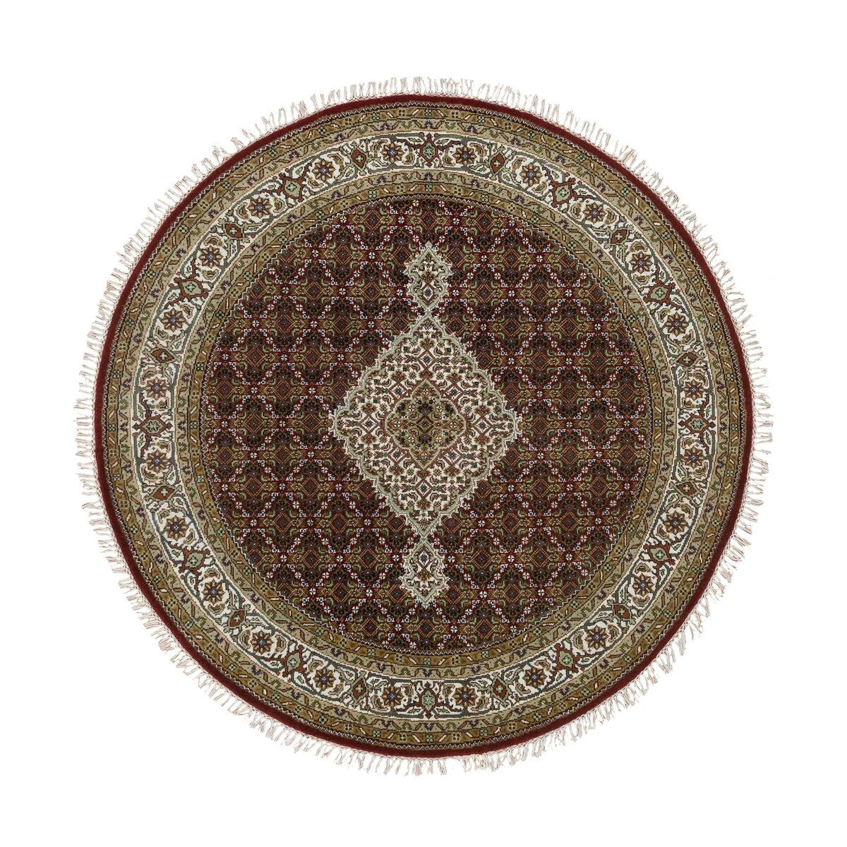 Shahbanu Rugs Mahogany Red Tabriz Mahi with Fish Medallion Design 175 KPSI Pure Wool Hand Knotted Round Oriental Rug (5'3"x5'3")