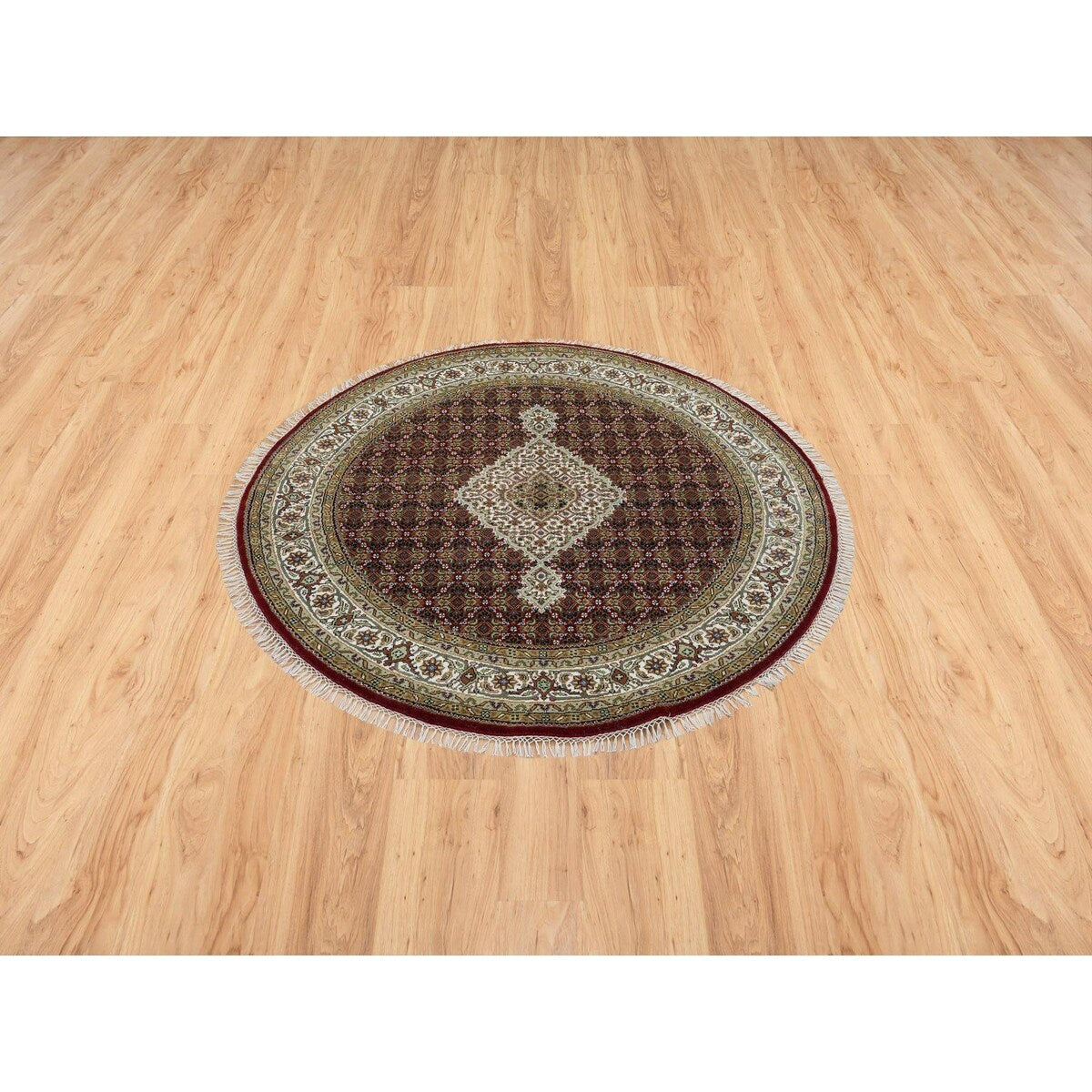 Shahbanu Rugs Mahogany Red Tabriz Mahi with Fish Medallion Design 175 KPSI Pure Wool Hand Knotted Round Oriental Rug (5'3"x5'3")