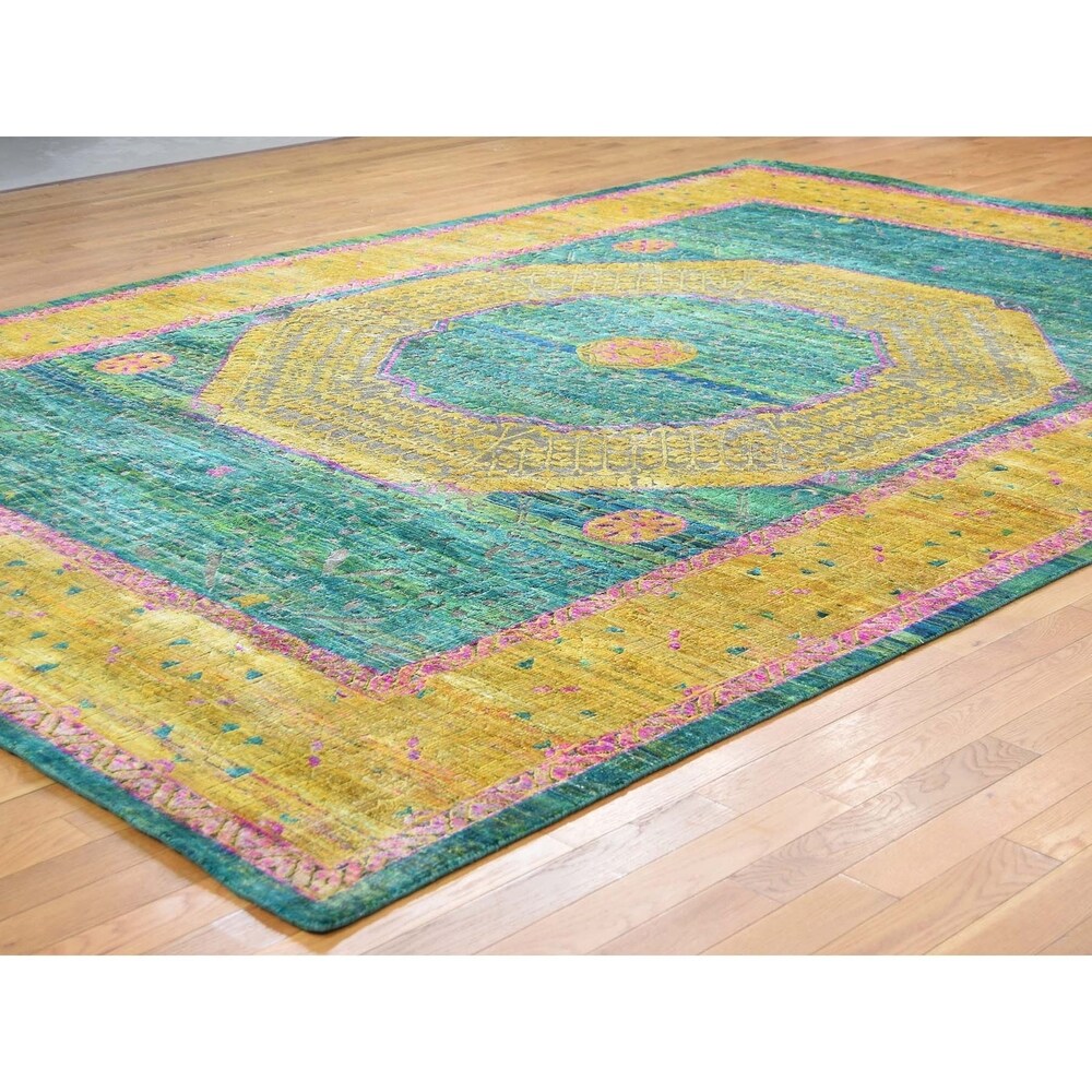 Shahbanu Rugs Mamluk Design Sari Silk With Oxidized Wool Hand-knotted Oriental Rug (9'1" x 12'9") - 9'1" x 12'9"