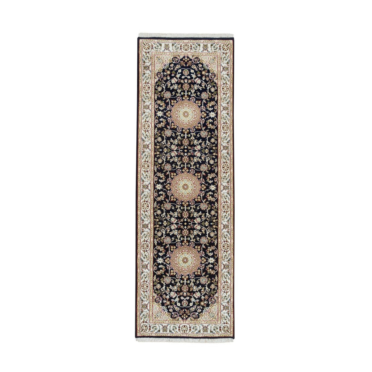 Shahbanu Rugs Midnight Blue Nain with Center Medallion Flower Design 250 KPSI Hand Knotted Runner Oriental Rug (2'8" x 8'2")