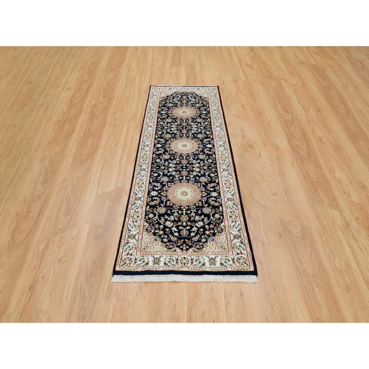 Shahbanu Rugs Midnight Blue Nain with Center Medallion Flower Design 250 KPSI Hand Knotted Runner Oriental Rug (2'8" x 8'2")
