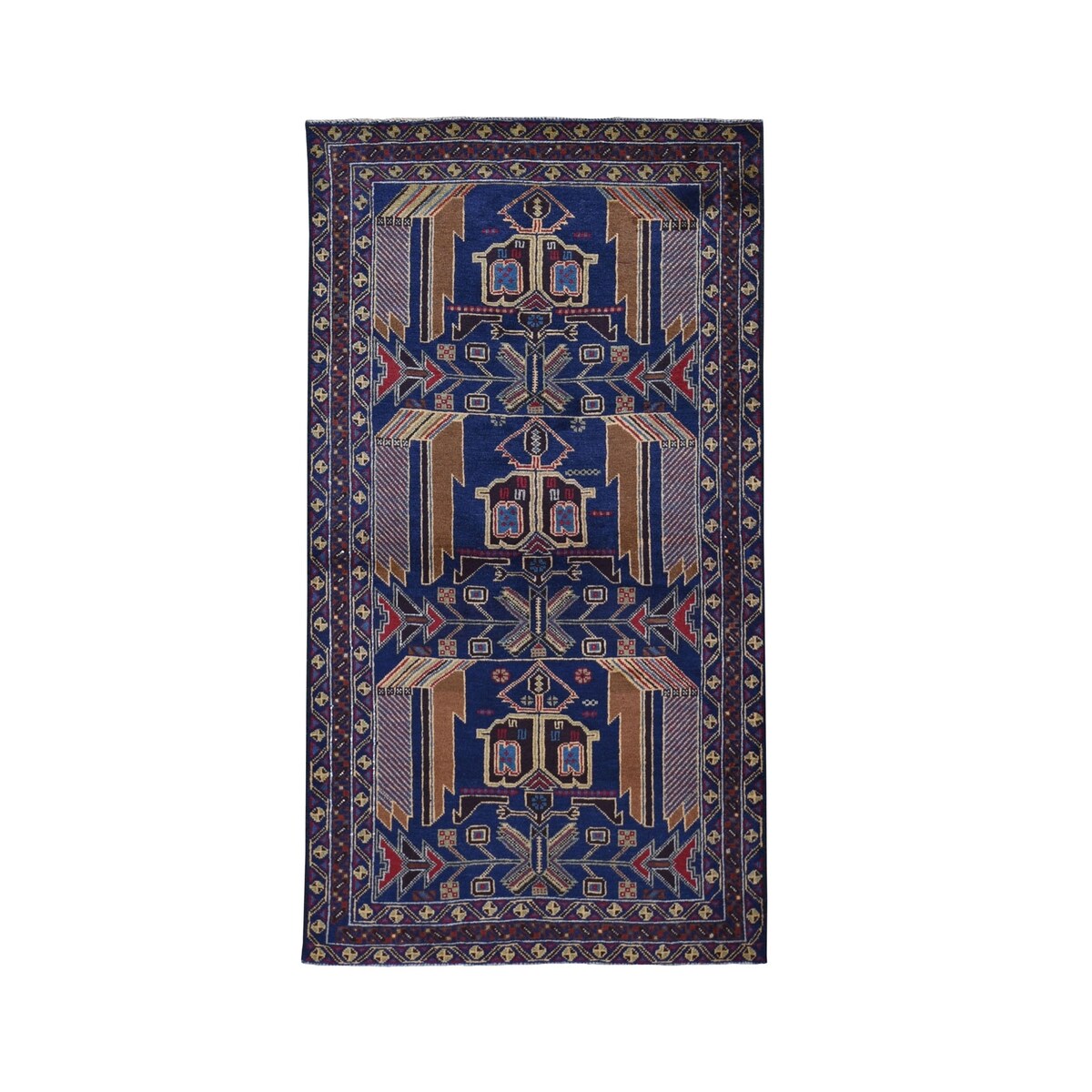 Shahbanu Rugs Navy Blue Afghan Baluch Geometric Design Wide Runner Pure Wool Oriental Rug (3'7" x 6'10") - 3'7" x 6'10"