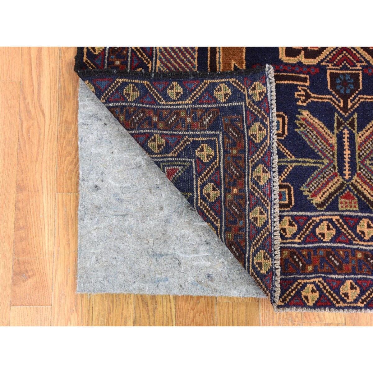 Shahbanu Rugs Navy Blue Afghan Baluch Geometric Design Wide Runner Pure Wool Oriental Rug (3'7" x 6'10") - 3'7" x 6'10"