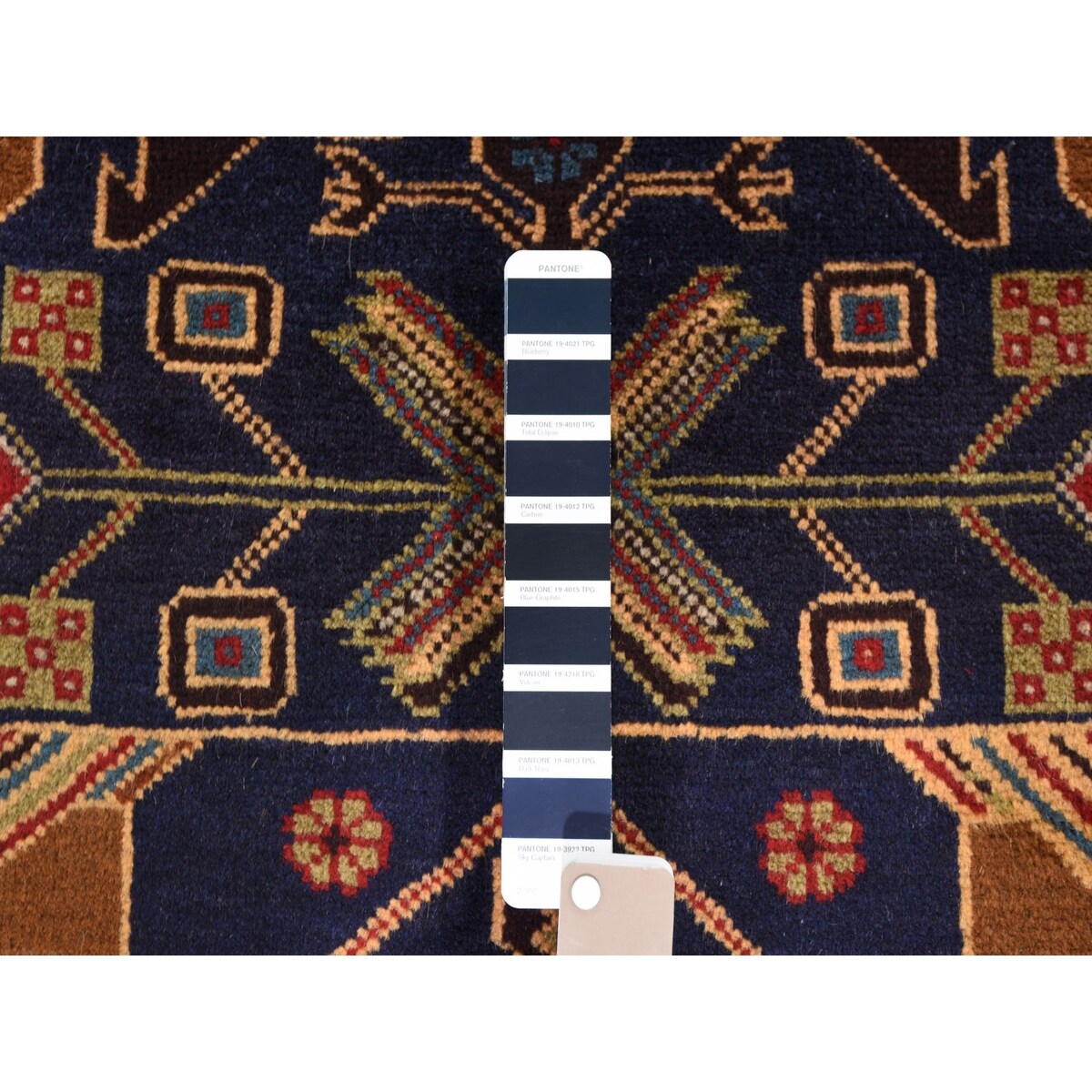 Shahbanu Rugs Navy Blue Afghan Baluch Geometric Design Wide Runner Pure Wool Oriental Rug (3'7" x 6'10") - 3'7" x 6'10"