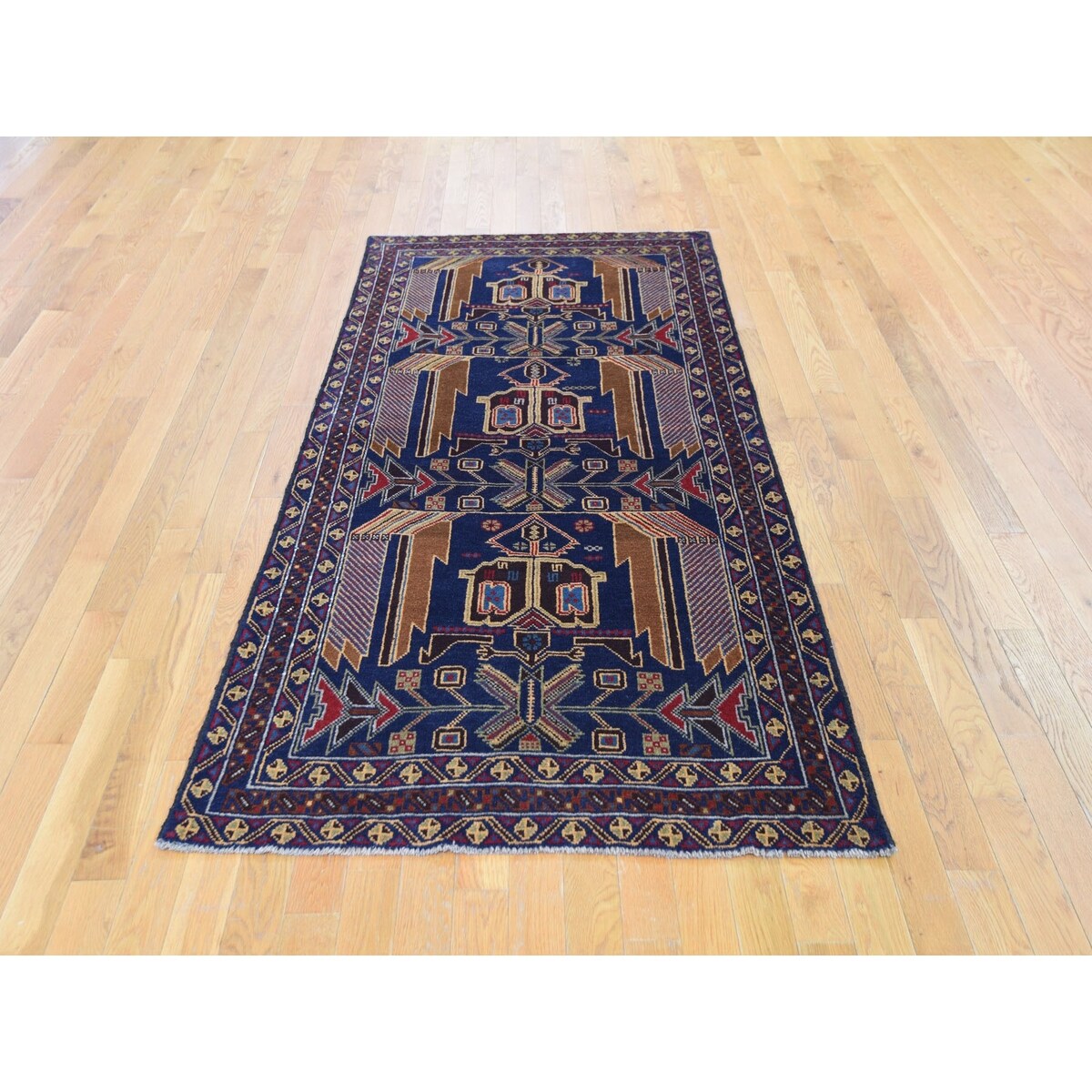 Shahbanu Rugs Navy Blue Afghan Baluch Geometric Design Wide Runner Pure Wool Oriental Rug (3'7" x 6'10") - 3'7" x 6'10"