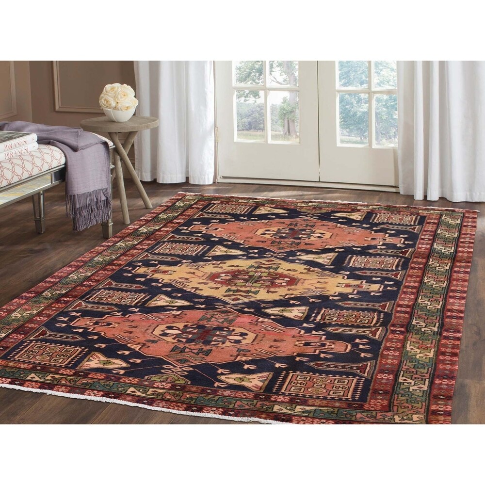 Shahbanu Rugs Navy Blue Vintage North West Persian Bohemian Wide Runner Rug (4'10" x 9'7") - 4'10" x 9'7"