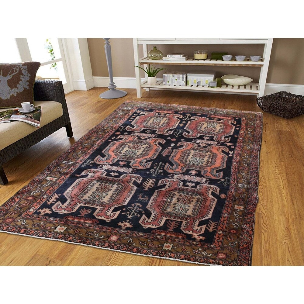 Shahbanu Rugs Navy Vintage North West Persian Pure Wool Wide Runner Hand-Knotted Rug (4'9" x 10'0") - 4'9" x 10'0"