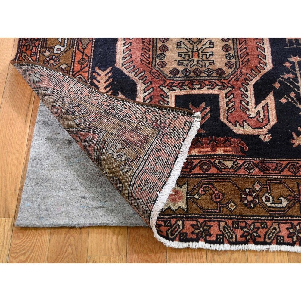 Shahbanu Rugs Navy Vintage North West Persian Pure Wool Wide Runner Hand-Knotted Rug (4'9" x 10'0") - 4'9" x 10'0"