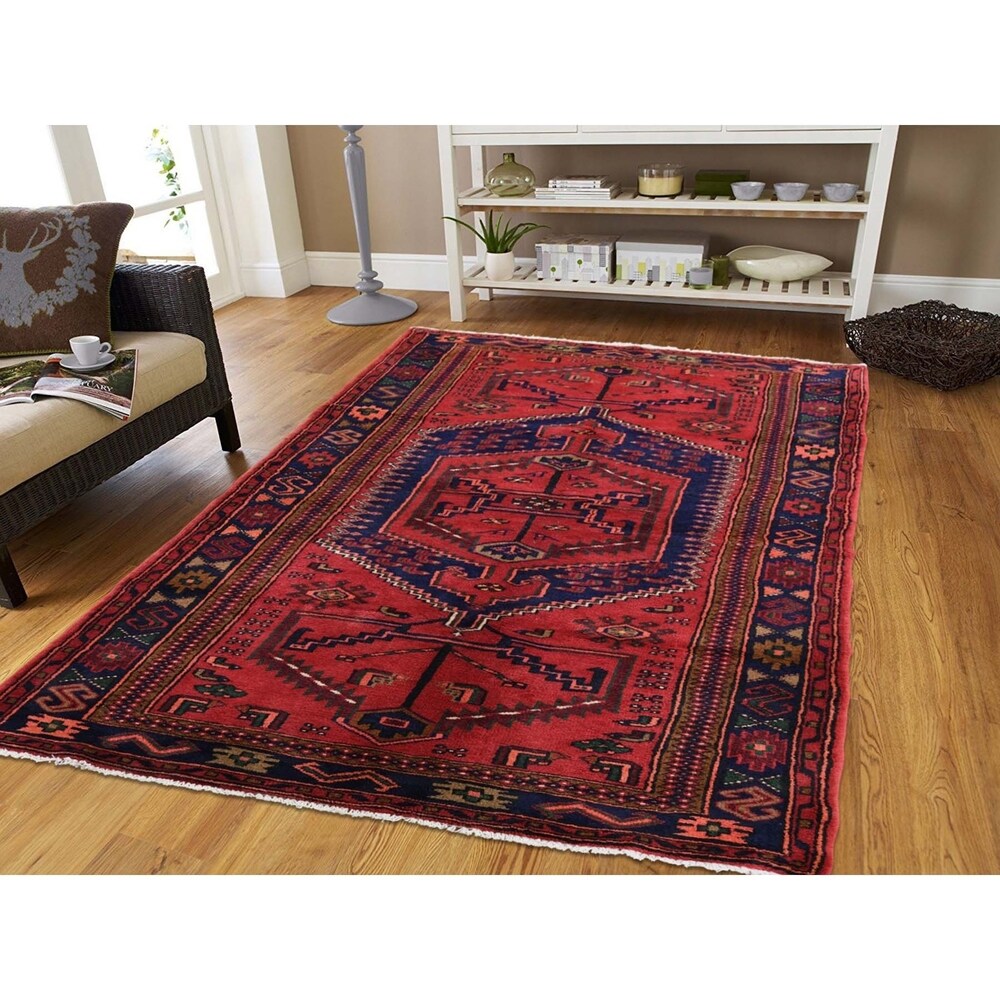Shahbanu Rugs New Persian Hamadan Pure Wool Wide Runner Red Hand-Knotted Rug (4'3" x 8'8") - 4'3" x 8'8"