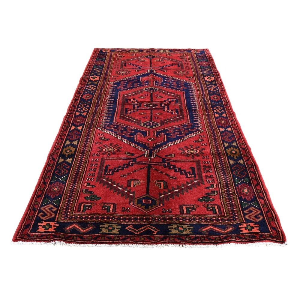 Shahbanu Rugs New Persian Hamadan Pure Wool Wide Runner Red Hand-Knotted Rug (4'3" x 8'8") - 4'3" x 8'8"
