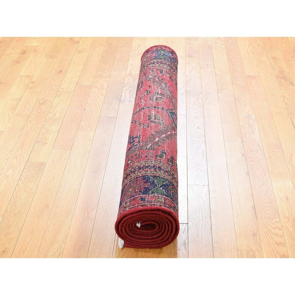 Shahbanu Rugs New Persian Hamadan Pure Wool Wide Runner Red Hand-Knotted Rug (4'3" x 8'8") - 4'3" x 8'8"