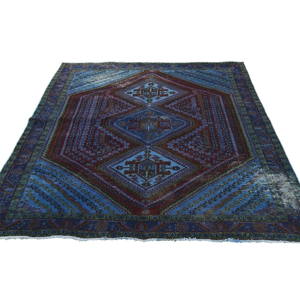 Shahbanu Rugs Overdyed Persian Qashqai Vintage Worn Hand Knotted Rug - 4'10" x 5'10"