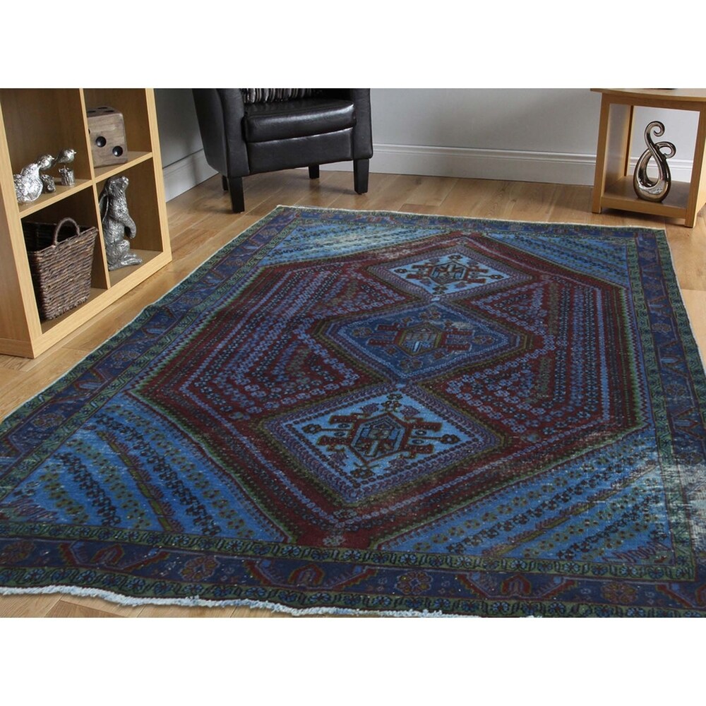 Shahbanu Rugs Overdyed Persian Qashqai Vintage Worn Hand Knotted Rug - 4'10" x 5'10"
