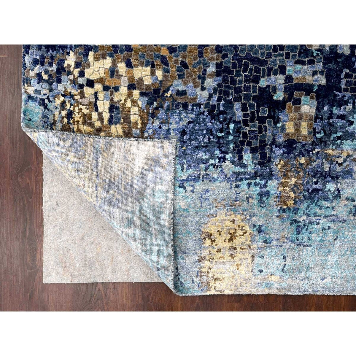 Shahbanu Rugs Patriot Blue With Mix Of Gold Wool and Silk Mosaic Design Hand Knotted Persian Knot Densely Woven Rug (6'x8'9")