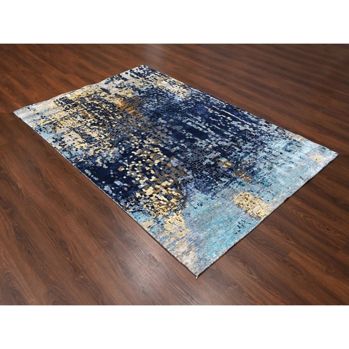 Shahbanu Rugs Patriot Blue With Mix Of Gold Wool and Silk Mosaic Design Hand Knotted Persian Knot Densely Woven Rug (6'x8'9")
