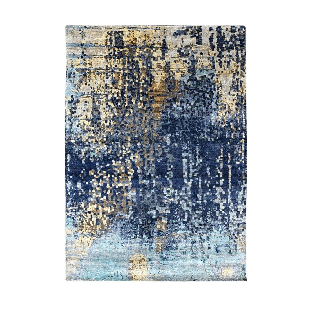 Shahbanu Rugs Patriot Blue With Mix Of Gold Wool and Silk Mosaic Design Hand Knotted Persian Knot Densely Woven Rug (6'x8'9")