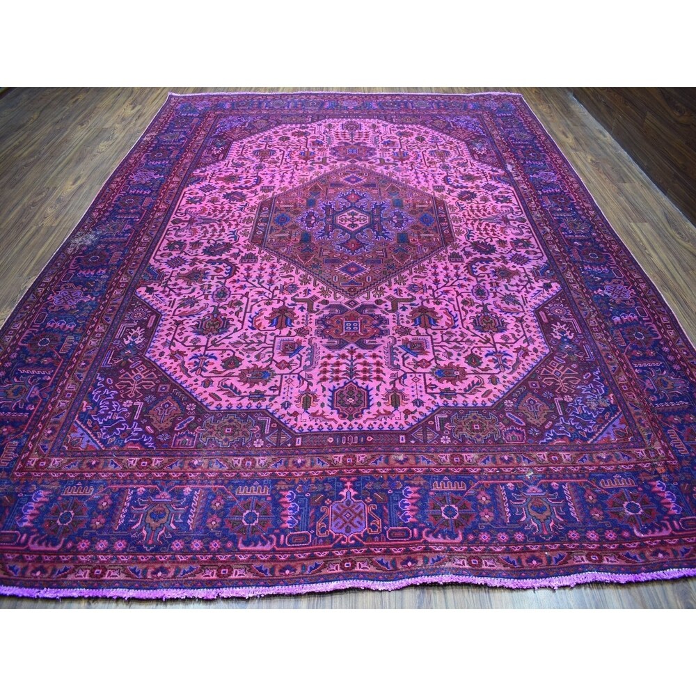 Shahbanu Rugs Pink Overdyed Persian Tabriz Worn Pile Hand Knotted Pure Wool Oriental Rug (9'9" x 12'8") - 9'9" x 12'8"