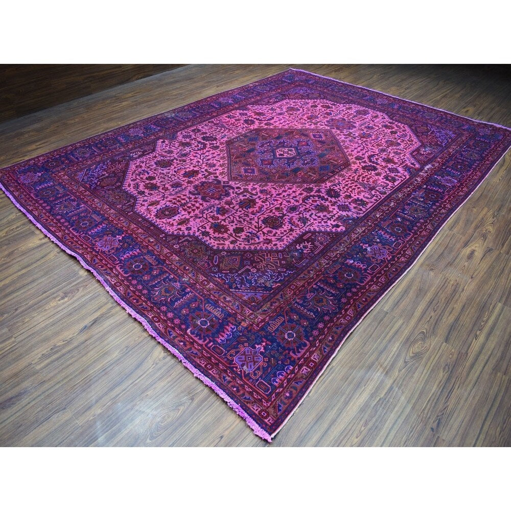 Shahbanu Rugs Pink Overdyed Persian Tabriz Worn Pile Hand Knotted Pure Wool Oriental Rug (9'9" x 12'8") - 9'9" x 12'8"