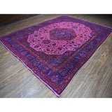 Shahbanu Rugs Pink Overdyed Persian Tabriz Worn Pile Hand Knotted Pure Wool Oriental Rug (9'9" x 12'8") - 9'9" x 12'8"