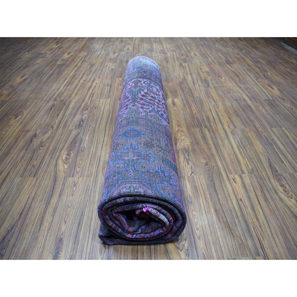 Shahbanu Rugs Pink Overdyed Persian Tabriz Worn Pile Hand Knotted Pure Wool Oriental Rug (9'9" x 12'8") - 9'9" x 12'8"