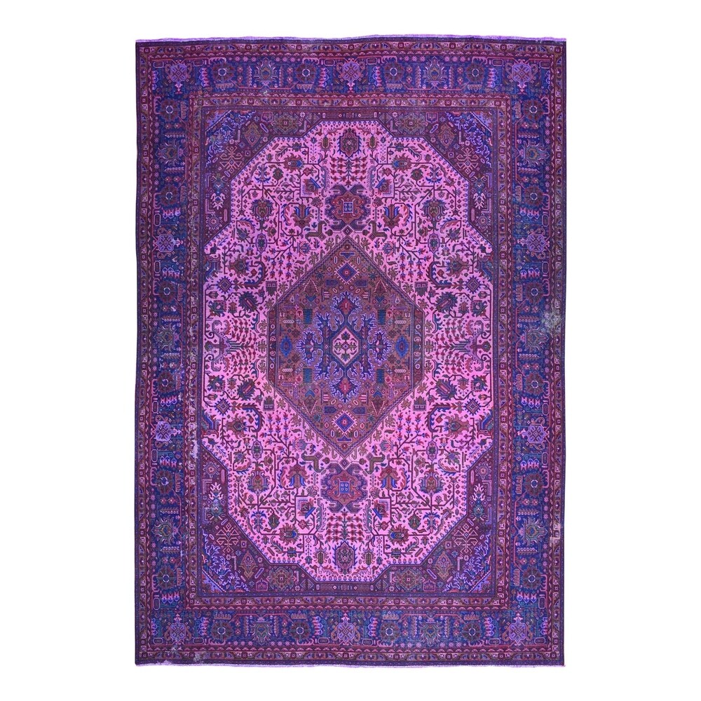 Shahbanu Rugs Pink Overdyed Persian Tabriz Worn Pile Hand Knotted Pure Wool Oriental Rug (9'9" x 12'8") - 9'9" x 12'8"