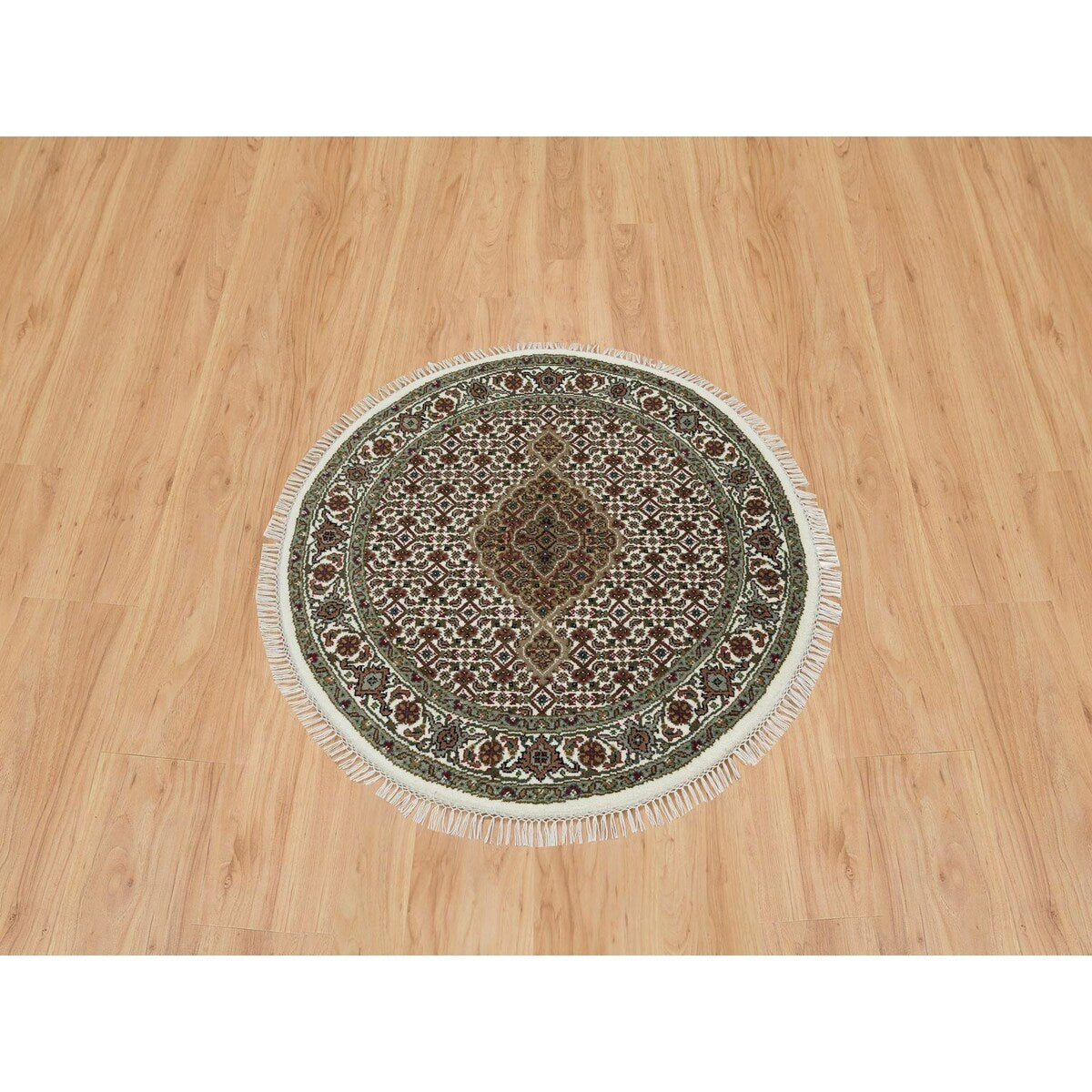 Shahbanu Rugs Porcelain White Beaver Brown Hand Knotted 175 KPSI Wool Tabriz Mahi Fish Medallion Design Round Rug (3'4" x 3'4")