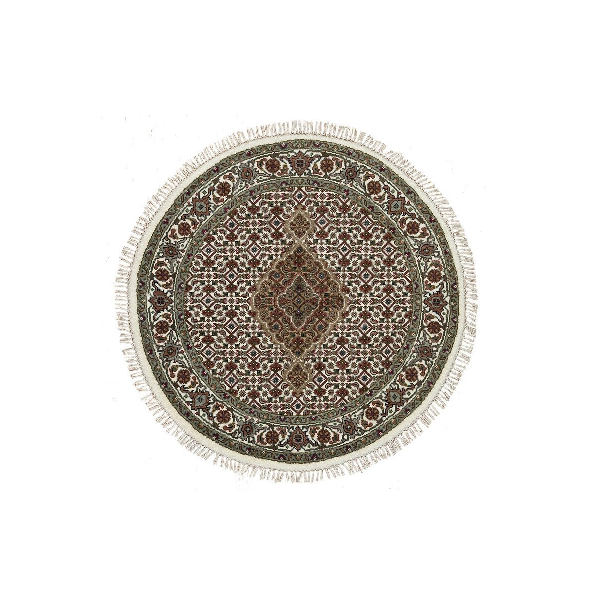 Shahbanu Rugs Porcelain White Beaver Brown Hand Knotted 175 KPSI Wool Tabriz Mahi Fish Medallion Design Round Rug (3'4" x 3'4")