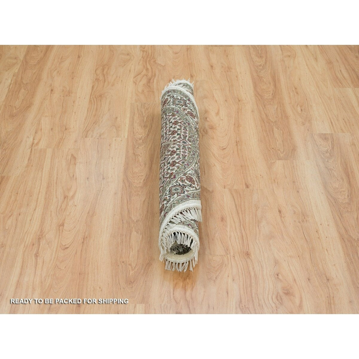 Shahbanu Rugs Porcelain White Beaver Brown Hand Knotted 175 KPSI Wool Tabriz Mahi Fish Medallion Design Round Rug (3'4" x 3'4")