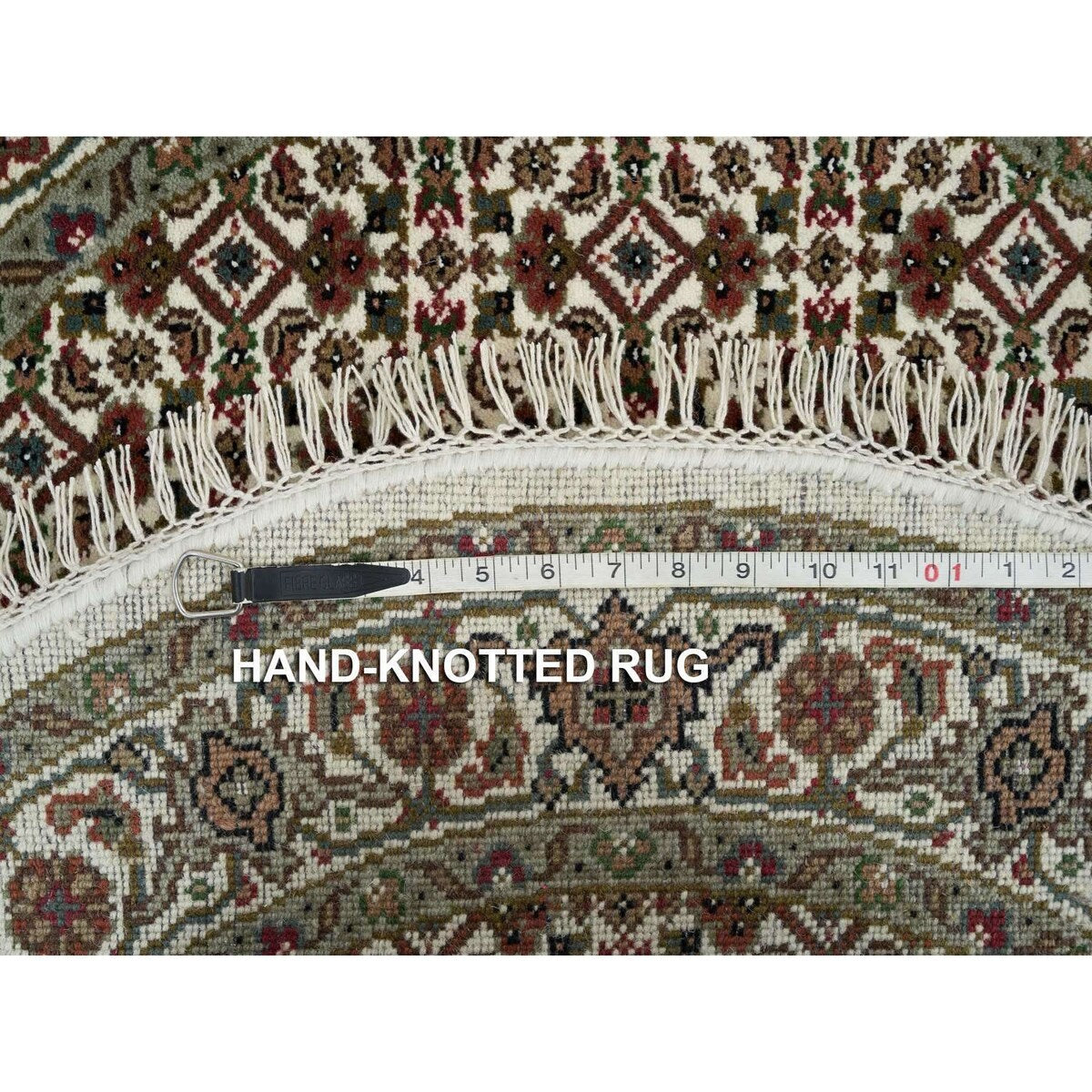 Shahbanu Rugs Porcelain White Beaver Brown Hand Knotted 175 KPSI Wool Tabriz Mahi Fish Medallion Design Round Rug (3'4" x 3'4")