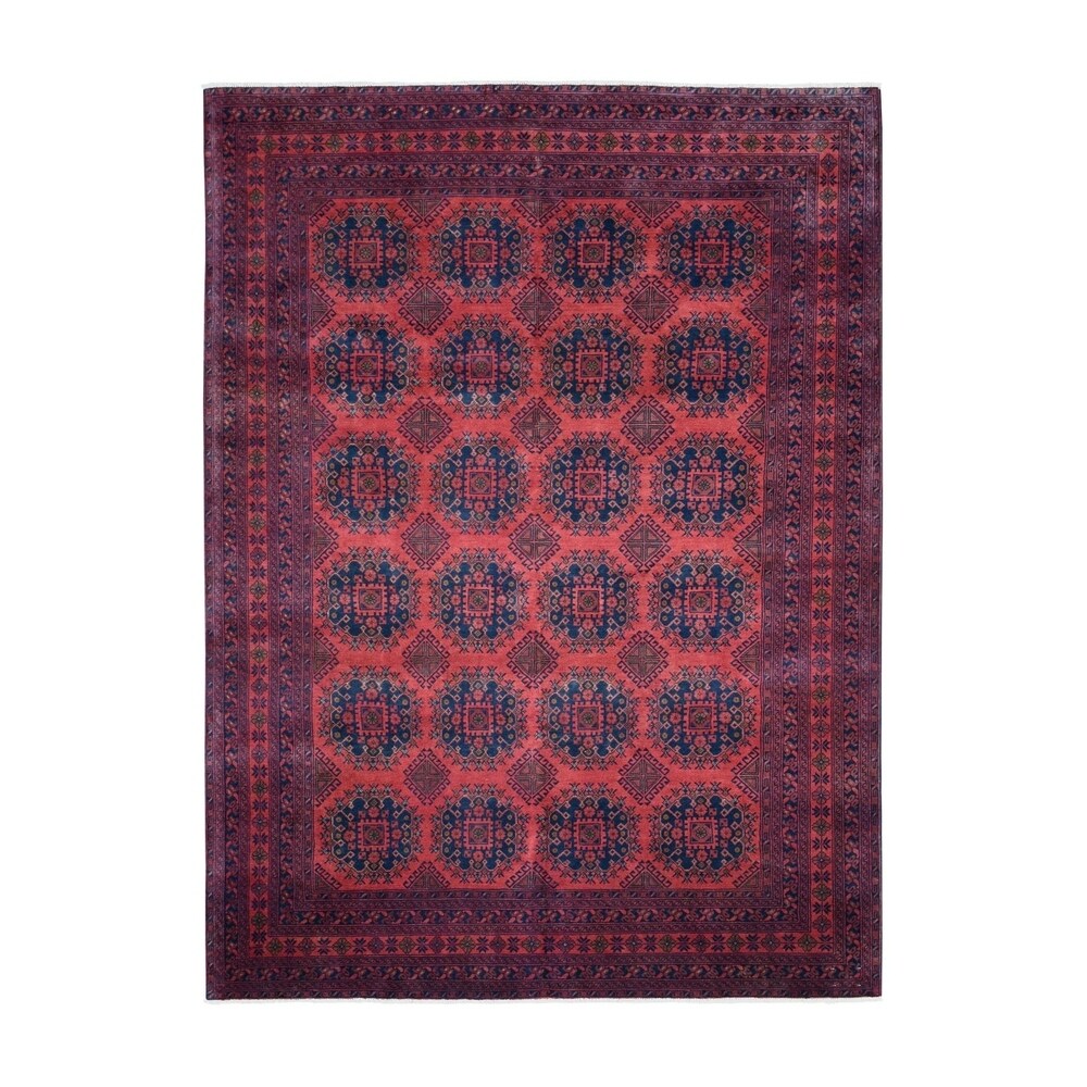 Shahbanu Rugs Red Bokara Design Afghan Andkhoy Pure Wool Hand Knotted Oriental Rug (6'10" x 9'8") - 6'10" x 9'8"